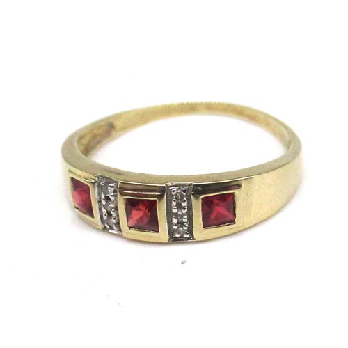 3 - 9ct yellow gold ring set with three square cut rubies and milgrain set diamonds, stamped 9k, size W,... 
