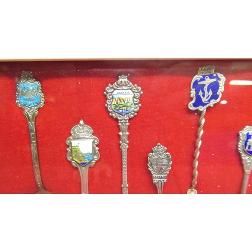 36 - Collection of fifteen Continental souvenir tea spoons, some with enamel detail, framed and glazed, 3... 