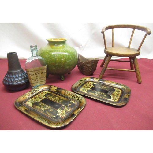 43 - Pair of C20th Toleware coasters with peacock decoration, C20th German studio pottery vase, a Dolls m... 