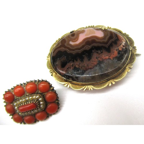 11 - Yellow metal early C19th brooch set with coral and seed pearls, and a C19th yellow metal oval brooch... 
