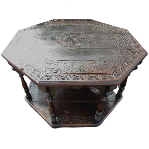 55 - Victorian oak octagonal centre table, top carved with lunettes and leafage with moulded octagonal to... 