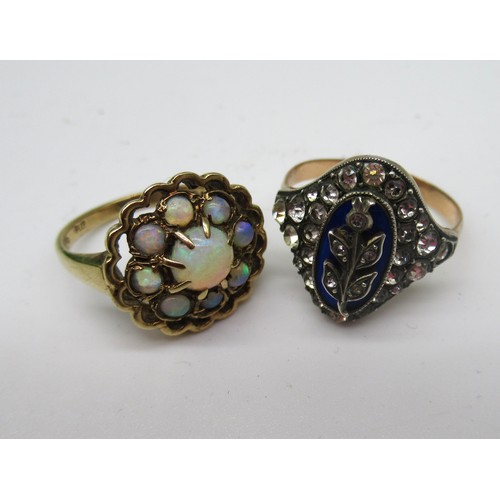 24 - 9ct yellow gold cluster ring set with opals, stamped 375, size  L1/2, and a 9ct yellow gold ring set... 