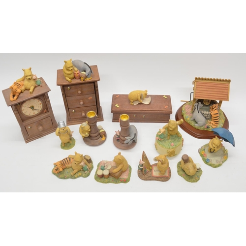 729 - Collection of Border Fine Arts Classic Pooh figures,  pencil case, chest of drawers, clock, Pooh's W... 