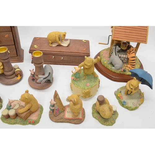 729 - Collection of Border Fine Arts Classic Pooh figures,  pencil case, chest of drawers, clock, Pooh's W... 