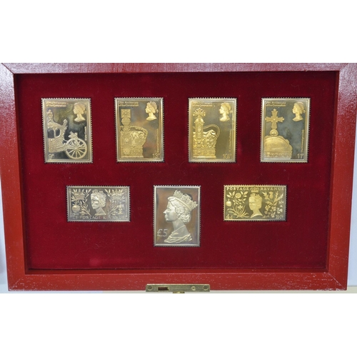 738 - Hallmark Replicas Coronation Issue 25th anniversary set of 7 gold plated solid sterling silver stamp... 