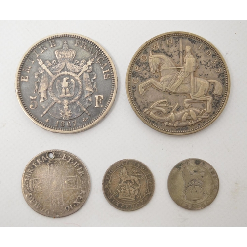 739 - Collection of silver coins to include Napoleon III 1867 5 Franc, George V 1935 Rocking Horse Crown, ... 