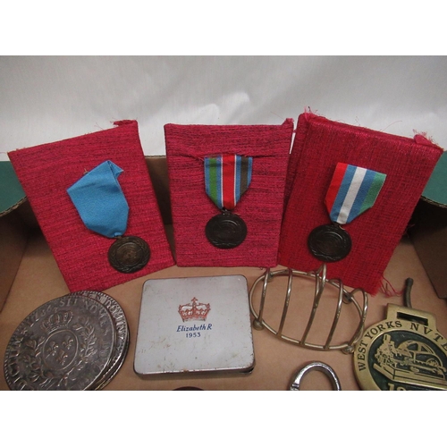 74 - Four United Nations peace keeping medals, silver plated coasters, vintage nutcrackers, five harmonic... 