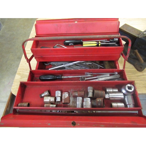 212 - Red cantilever toolbox containing selection of old tools including wrenches, spanners etc. and a rec... 