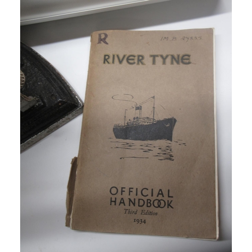 223 - Garret metal detector, two flat irons, butterpats, 1934 River Tyne handbook, various prints of boats... 