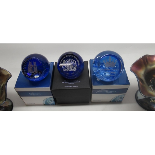 231 - Three commemorative Caithness glass paperweights with boxes, and a pair of carnival glass pedestal b... 