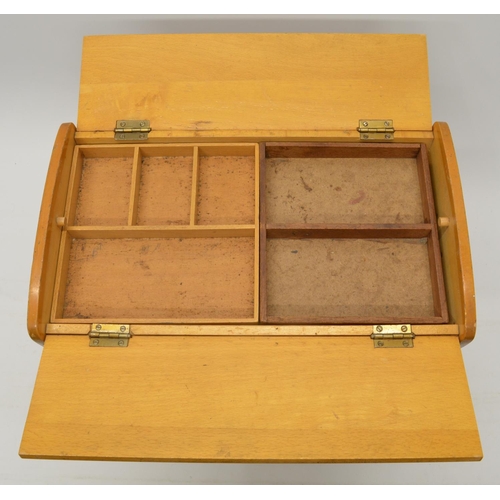 750 - Vintage beech folding top sewing box with removeable tapered legs and extra tray