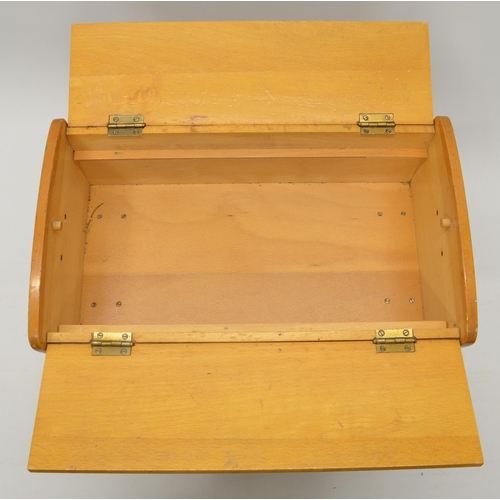 750 - Vintage beech folding top sewing box with removeable tapered legs and extra tray