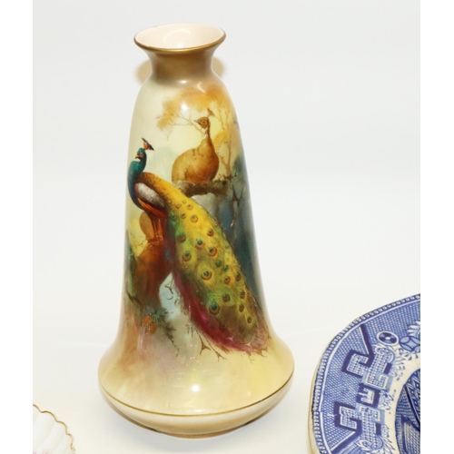 1437 - Royal Worcester bell shaped vase, hand decorated with peacocks, signed A Shuck, H20cm, Barker and So... 