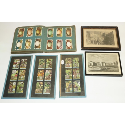 457 - Album of cigarette cards, three sets of mounted cigarette cards, and two framed engravings: 'The Cou... 