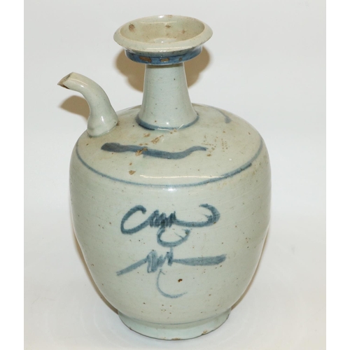 460 - Chinese blue and white pottery ewer with short curved spout and trumpet neck, H22cm