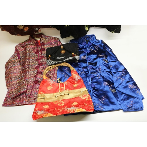 646 - Four ladies Chinese style jackets, various sizes, including a black silk mix hand embroidered jacket... 