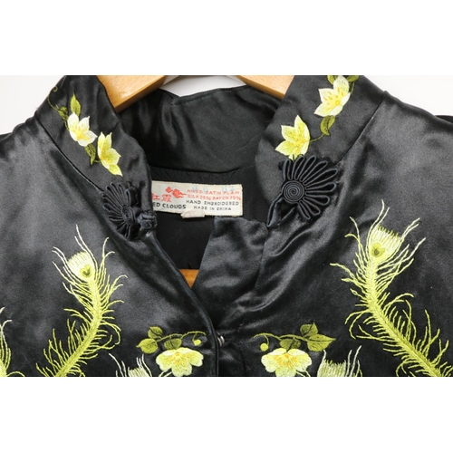 646 - Four ladies Chinese style jackets, various sizes, including a black silk mix hand embroidered jacket... 