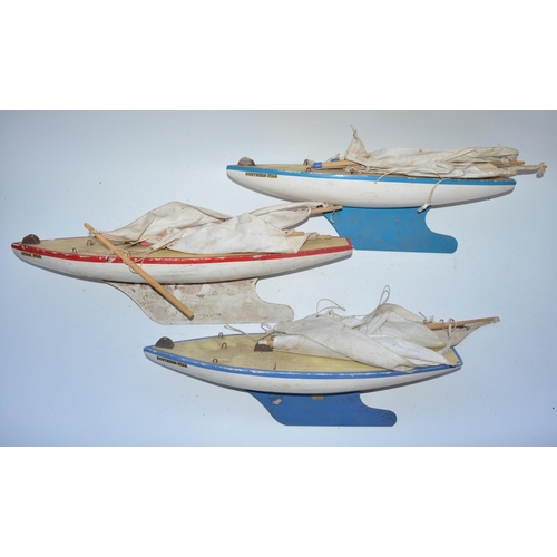 757 - 3 large Star pond yachts, all A/F. With 2 sets of spare sails and hull stands.