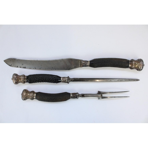 1326 - Edw. VII three piece carving set with ebonised stag horn handles and embossed silver ferrules and te... 