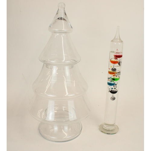 1334 - Large stepped glass sweet jar in Christmas tree shape, H52cm, and a Galileo thermometer