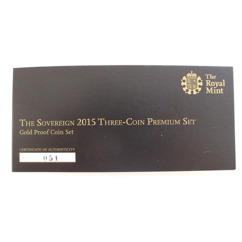 48 - The Sovereign 2015 Three Coin Gold Proof Premium Set.  Encapsulated with original box, maroon slip c... 