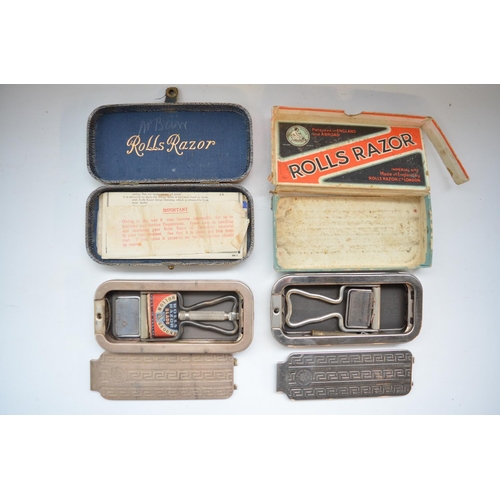 774 - Collection of vintage razors including 5 Rolls Razors, a cut throat and 2 others, blade packs, sharp... 