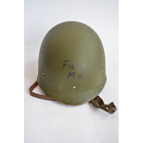 788 - US Army WWII M1 Mk1 front seam steel helmet, with liner, chin straps etc.