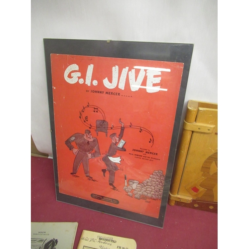 799 - Framed music cover for G.I.Jive by Johnny Mercer, wood Army and a wood Navy cover for scrap book, C-... 