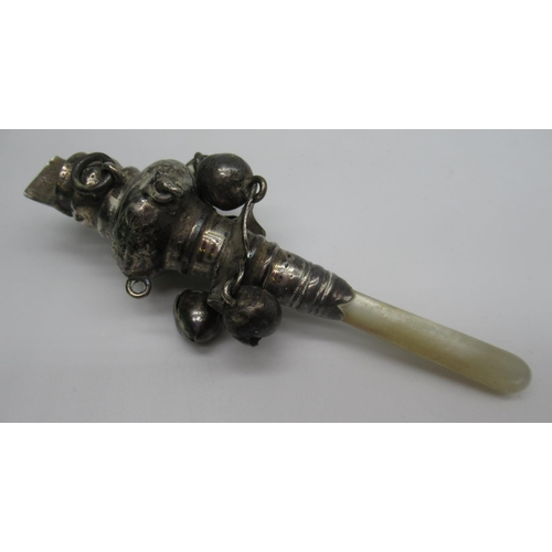 1373 - Late C19th/early C20th babies white metal teething rattle with mother of pearl teether, 1.42ozt