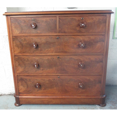 261 - Victorian mahogany chest of two short and three long curl veneer drawers with turned handles, on ski... 