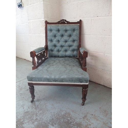 319 - Victorian walnut framed nursing chair, deep buttoned back upholstered in pale blue damask type fabri... 