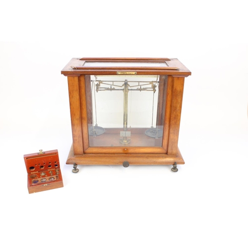 1298 - F. E. Becker chemist balance scales with sliding glazed panels and weights