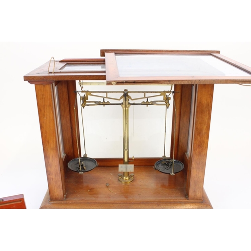 1298 - F. E. Becker chemist balance scales with sliding glazed panels and weights