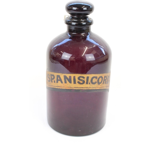 1302 - C19th Apothecary Chemists purple glass bottle with painted label for 'Sp.Anisi'Cord', H35cm