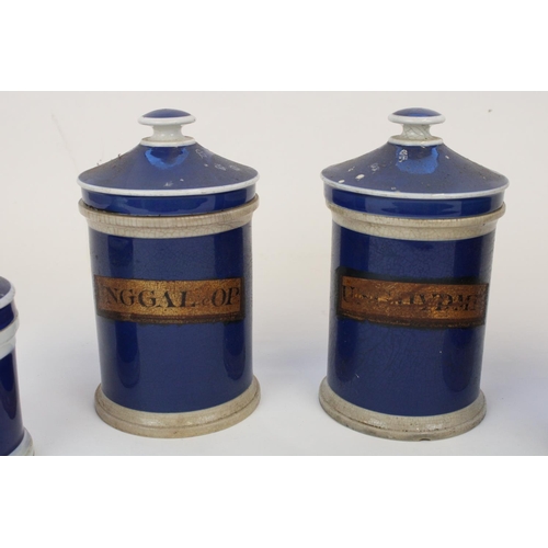 1305 - Four C19th pottery chemists apothecary drug jars, two with gilded labels, H25cm