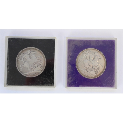 1312 - Two Victoria 1889 silver crowns in perspex cases, a set of C19th sovereign scales, cartwheel penny a... 