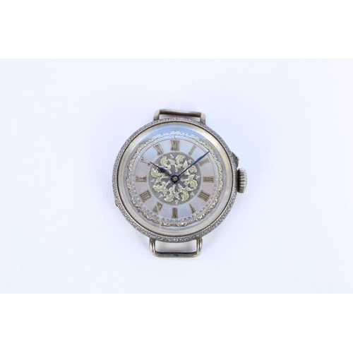 1318 - C20th DF&C silver cased Trench type hand wound wristwatch with silvered Roman dial, bright cut case ... 