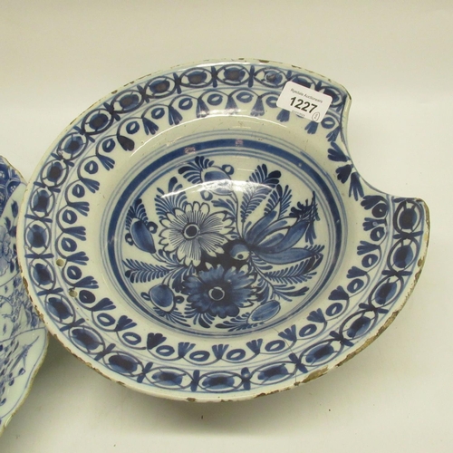 1227 - C19th Delft style blue and white barbers bowl, central recessed bowl decorated with flowers and abst... 