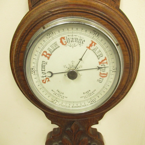 327 - Early C20th carved oak cased wheel barometer, and thermometer, H73cm, late C19th Ansoia Regulator, d... 