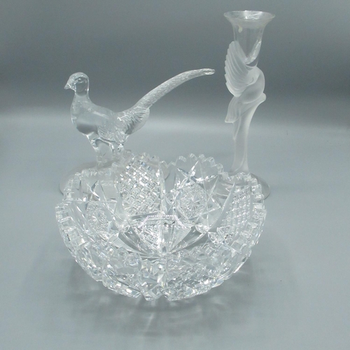 332 - Carl Faberge lead crystal candlestick with frosted decoration in the form of a bird, H22.5cm, C20th ... 