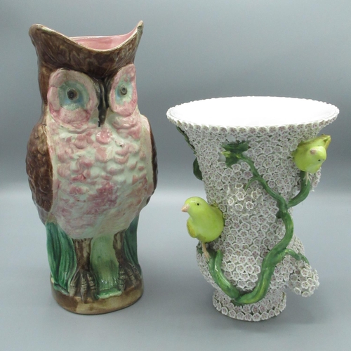 333 - C19th Majolica jug in the form of an owl, with rustic handle no. 41, H28cm, late C19th Meissen vase ... 