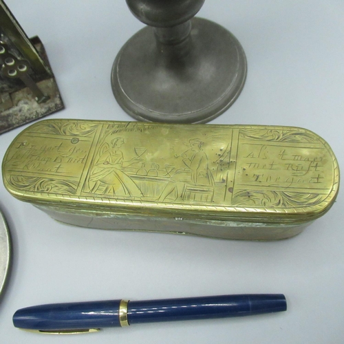 338 - C18th Dutch brass oval tobacco box, engraved hinged lid dated 1780, L10cm, late C19th Pratt & Sons, ... 