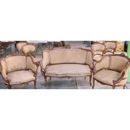 1230 - Late C19th Louis XV style walnut salon suite comprising two seater canape with scrolled frame and sh... 