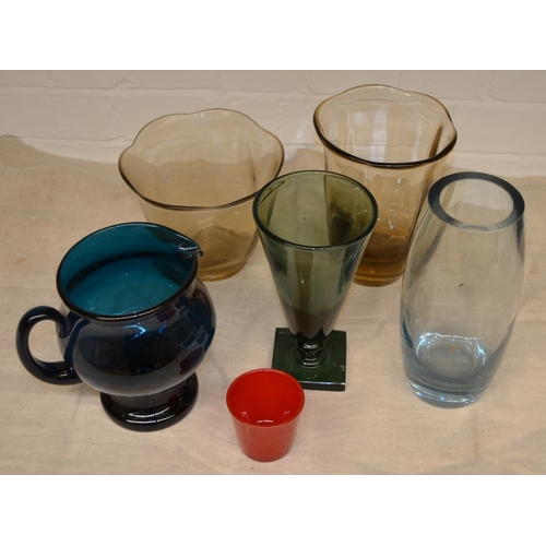 1408 - Six coloured glass vases and jug, Holmegaard 1961, Bertil Vallien, Keith Murray (A/F)