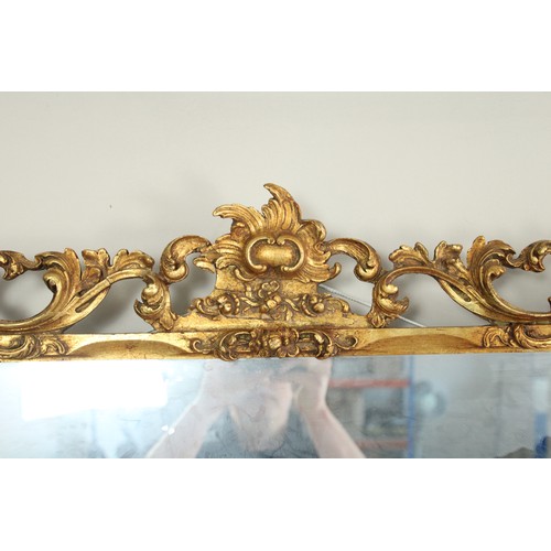 1239 - Late C19th French Rococo mirror, rectangular plate in pierced C scroll gilt wood frame, with cabocho... 