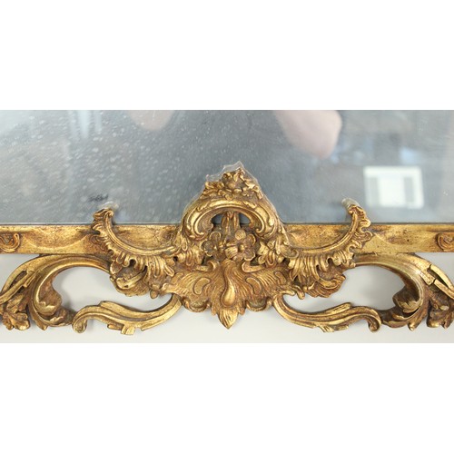 1239 - Late C19th French Rococo mirror, rectangular plate in pierced C scroll gilt wood frame, with cabocho... 