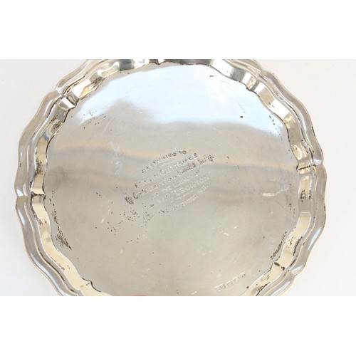 1330 - Geo. VI hallmarked silver salver, central field engraved 'Presented to Mrs. H. Guttridge by Cochrane... 