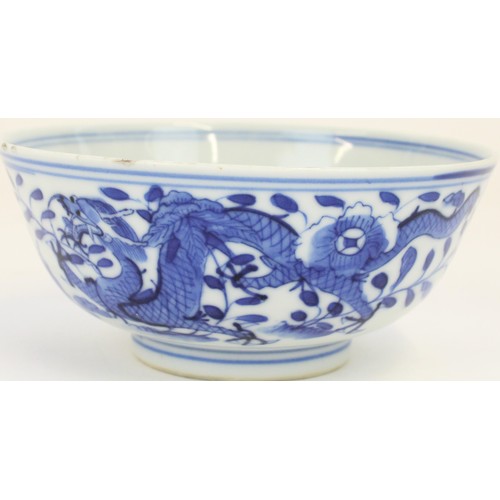 1361 - Late C18th Chinese Qianlong porcelain bowl painted in underglaze blue with dragons and foliage, four... 