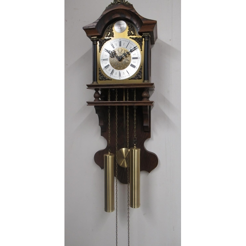 1386 - Late C20th Dutch style oak cased chiming wall clock with break arch dial, applied spandrels and chap... 