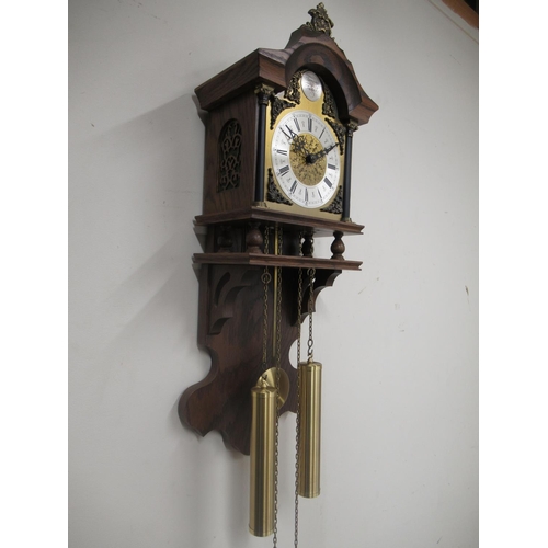 1386 - Late C20th Dutch style oak cased chiming wall clock with break arch dial, applied spandrels and chap... 